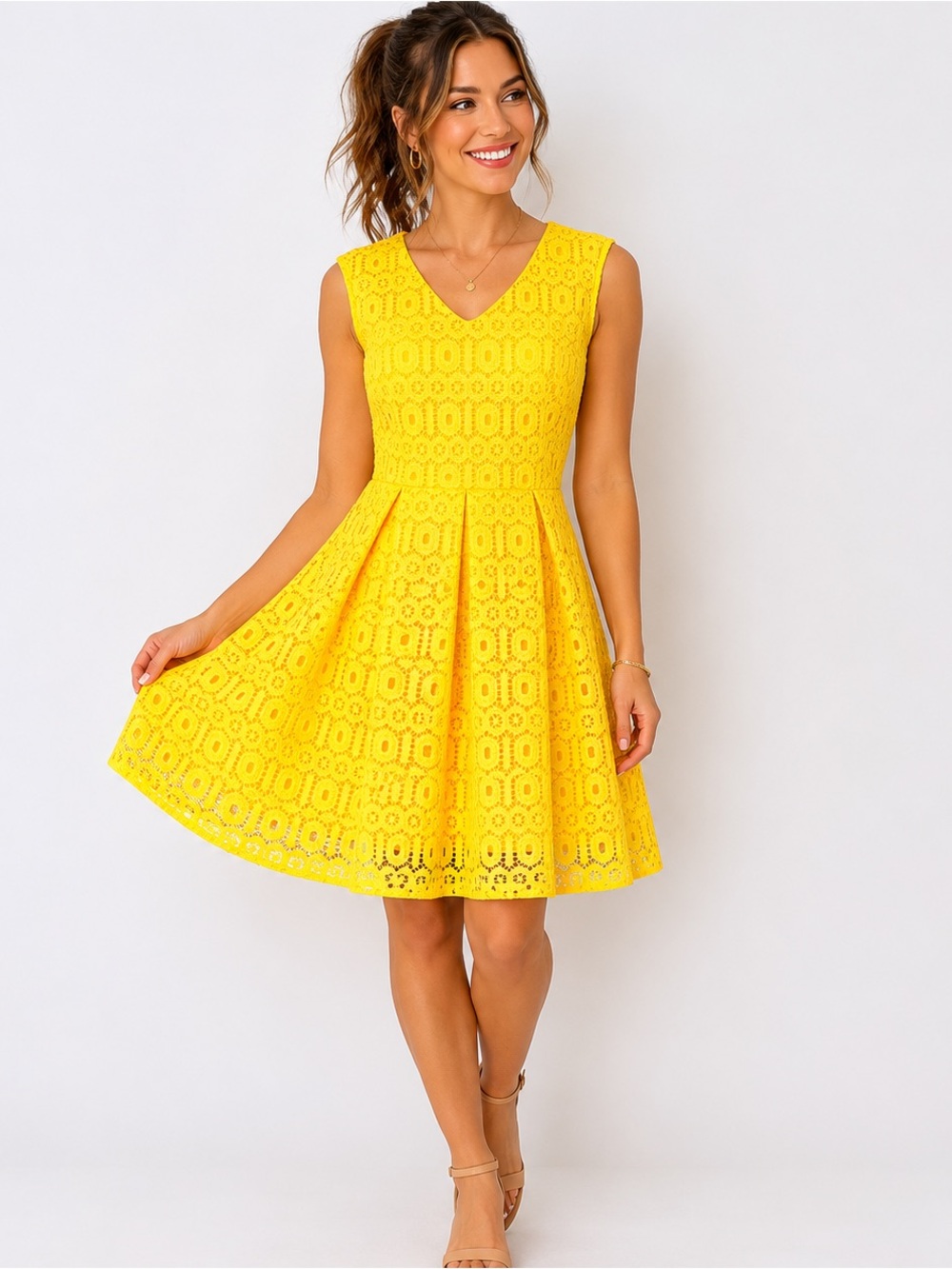 💖 Liz Claiborne Sleeveless Yellow Lace Dress, SZ 6